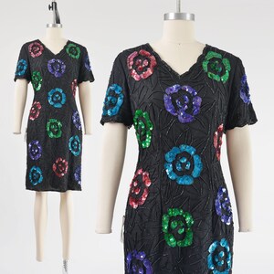 Black Floral Beaded Dress size Medium | Vintage 80s 90s Silk Short Sleeve Sequin Party Cocktail Dress Deadstock