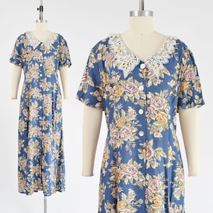 Vintage 90s Blue Floral Maxi Dress Lace Collared Long Dress 1990s Romantic Cottagecore Button Front Dress size Large