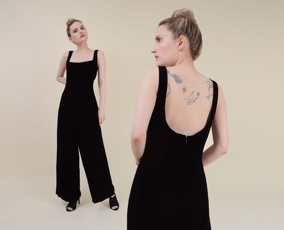 Vintage 90s Black Velvet Jumpsuit | Wide Leg Onesi