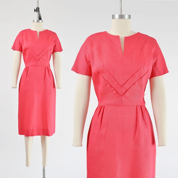 Pink Linen Dress Vintage 60s High Waisted Midi Length Wiggle Pencil Dress with Pockets by Bonwit Teller size S