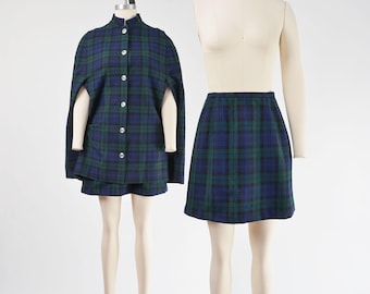Vintage 1960s Tartan Plaid Cape and Mini Skirt Set British Mod Two Piece Outfit