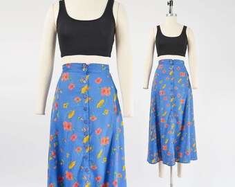 Blue Floral Skirt 90s Vintage Boho Cottagecore High Waisted Button Front A-line Maxi Skirt size M