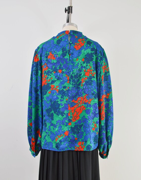 Blue Floral Blouse | 80s Vintage Cowl Neck Silky … - image 5