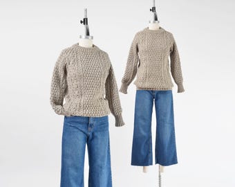 Vintage 70s Irish Wool Fisherman Sweater | Chunky Cable Knit Pullover | Taupe Brown Aran Wool Sweater size XS S