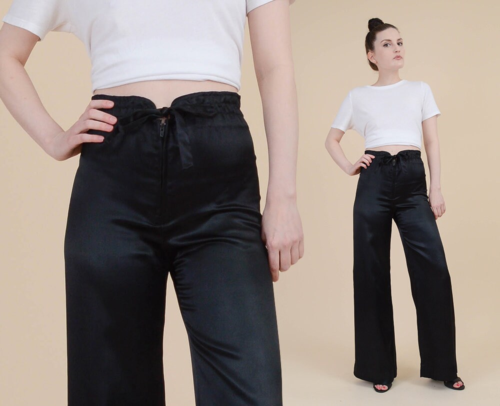 70s Black Satin Pants Size XS Wide Leg 