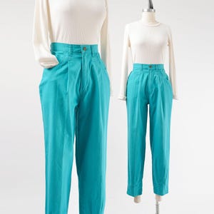 Teal Green Cotton Pants size Small | Vintage 80s High Waisted Pleated Front Tapered Leg Pants 27 waist