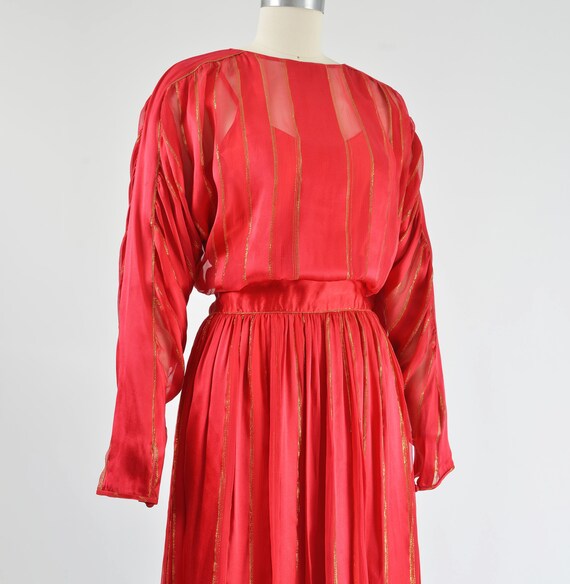 Red Striped Silk Satin Dress 80s Vintage Metallic… - image 3