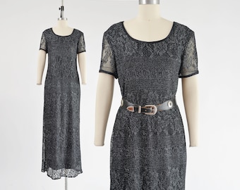 Black Lace Maxi Dress size M L | Vintage 90s Metallic Silver Crochet Dress 1990s Sheer  Boho Whimsigoth Dress