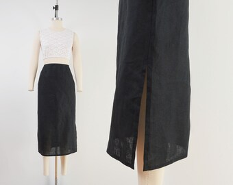 Black Irish Linen Skirt | 90s Vintage Classic Minimalist Midi Length Pencil Skirt with Side Slit size Small