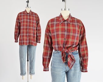 Brick Red Plaid Shirt 90s Vintage Collared Button Down Long Sleeve Casual Blouse size M