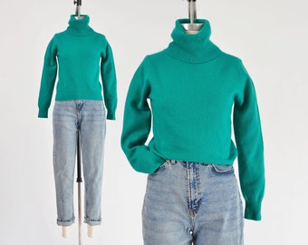 Green Turtleneck Sweater 80s Vintage Plush Angora Lambswool Knit Top Fitted Raglan Sleeve Sweater size XS S