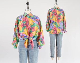 Vintage 90s Silk Watercolor Floral Blouse Oversized Fit Collared Button Down Long Sleeve Shirt size M