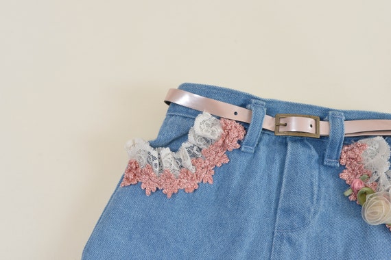 Vintage 90s Denim Lace Rosette Ruffle Jean Mini S… - image 2