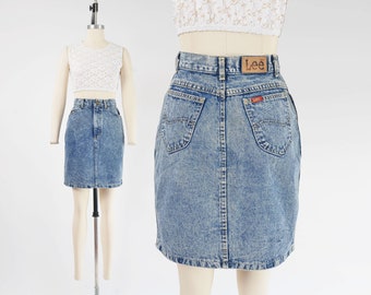 Lee Jean Skirt 80s Vintage Acid Wash Denim Mini Skirt High Waisted Wiggle Pencil Fit