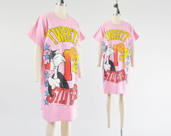 Pink Tweety Bird and Sylvester T shirt Dress 90s Vintage Looney Tunes Cartoon Graphic Oversize Sleep Shirt One Size