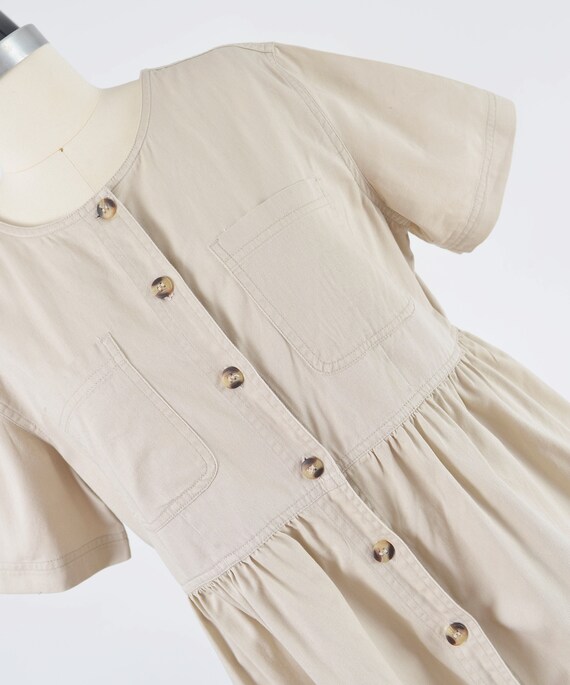 Khaki Cotton Dress 90s Vintage Short Sleeve Butto… - image 8