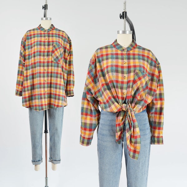 Vintage 90s GITANO Checkered Plaid Shirt Button Down Long Sleeve Cotton Blouse size XL 2X
