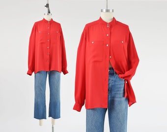 Red Button Down Blouse 90s Vintage Semi Sheer Minimal Long Sleeve Oversized Shirt size M