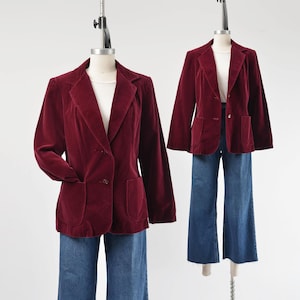 70s Burgundy Velvet Blazer, Vintage Retro 1970s Fitted Tailored Style Cotton Velveteen Suit Jacket