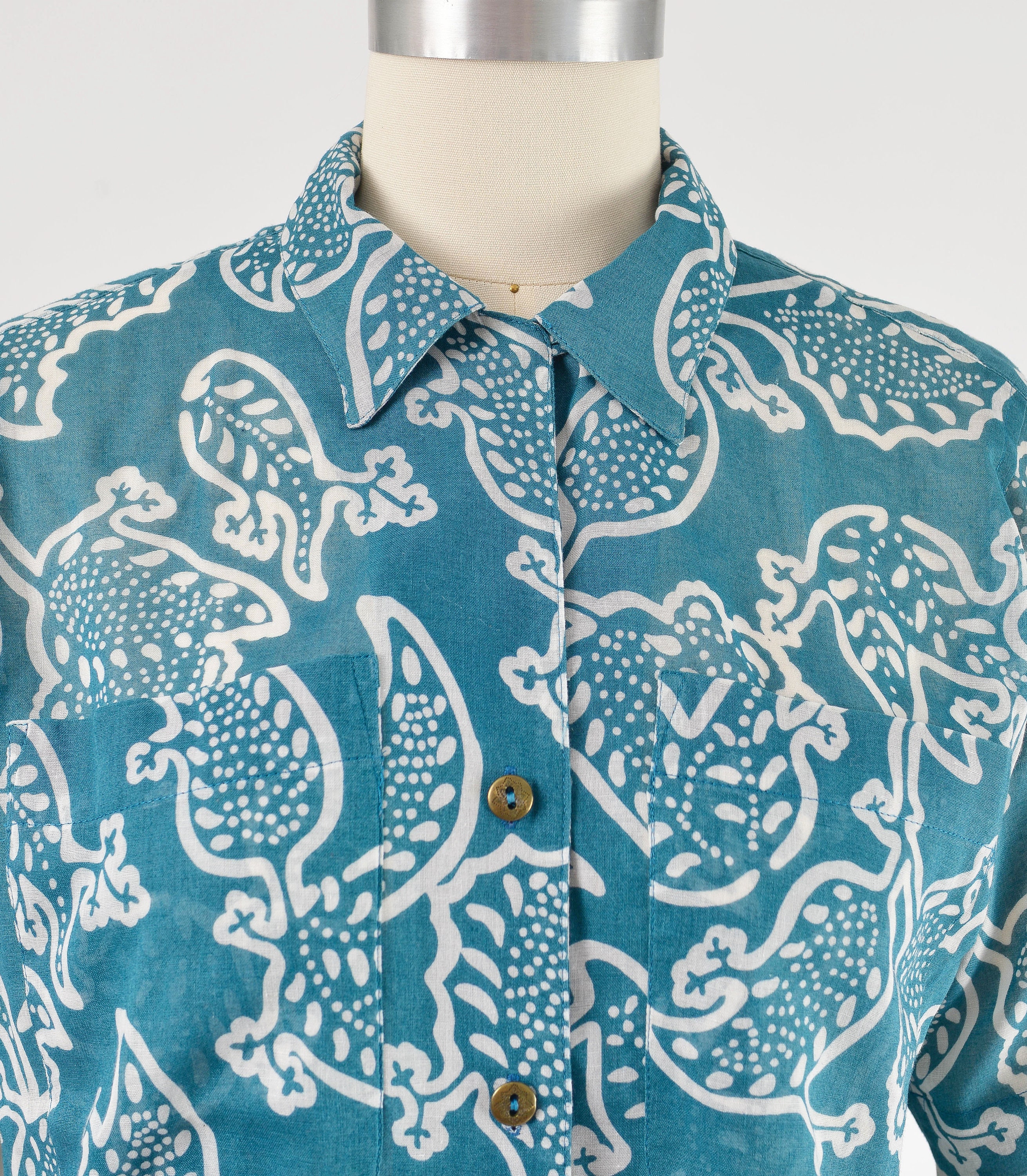 Boho Paisley Shirt 80s Vintage Sheer Cotton Top Collared Button 