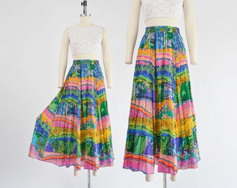 Colorful Silk Tiered Skirt 90s Vintage Mixed Print Full Circle Ankle Length Maxi Skirt size XS S