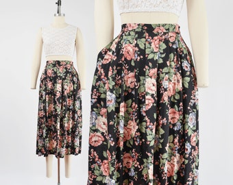 Vintage 80s Black Floral Skirt size Medium | Cute Cottagecore Full Flowy Pleated Midi Skirt with Pockets 28 - 30 waist