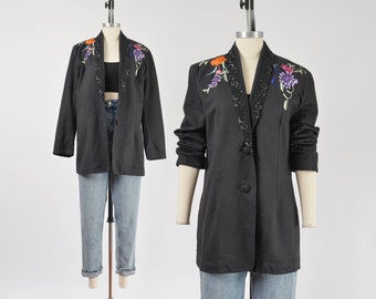 Vintage 80s Black Jean Blazer size S M | Denim Western Floral Embroidered Beaded Jacket