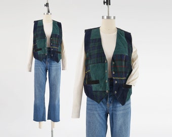 Patchwork Vest 90s Vintage Tartan Plaid Suede Leather Dark Academia Vest Green and Blue size M