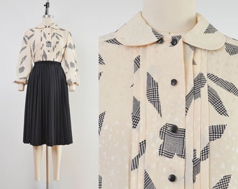 Vintage 80s Silk Houndstooth Blouse | Cream and Black Peter Pan Collar Top size Medium