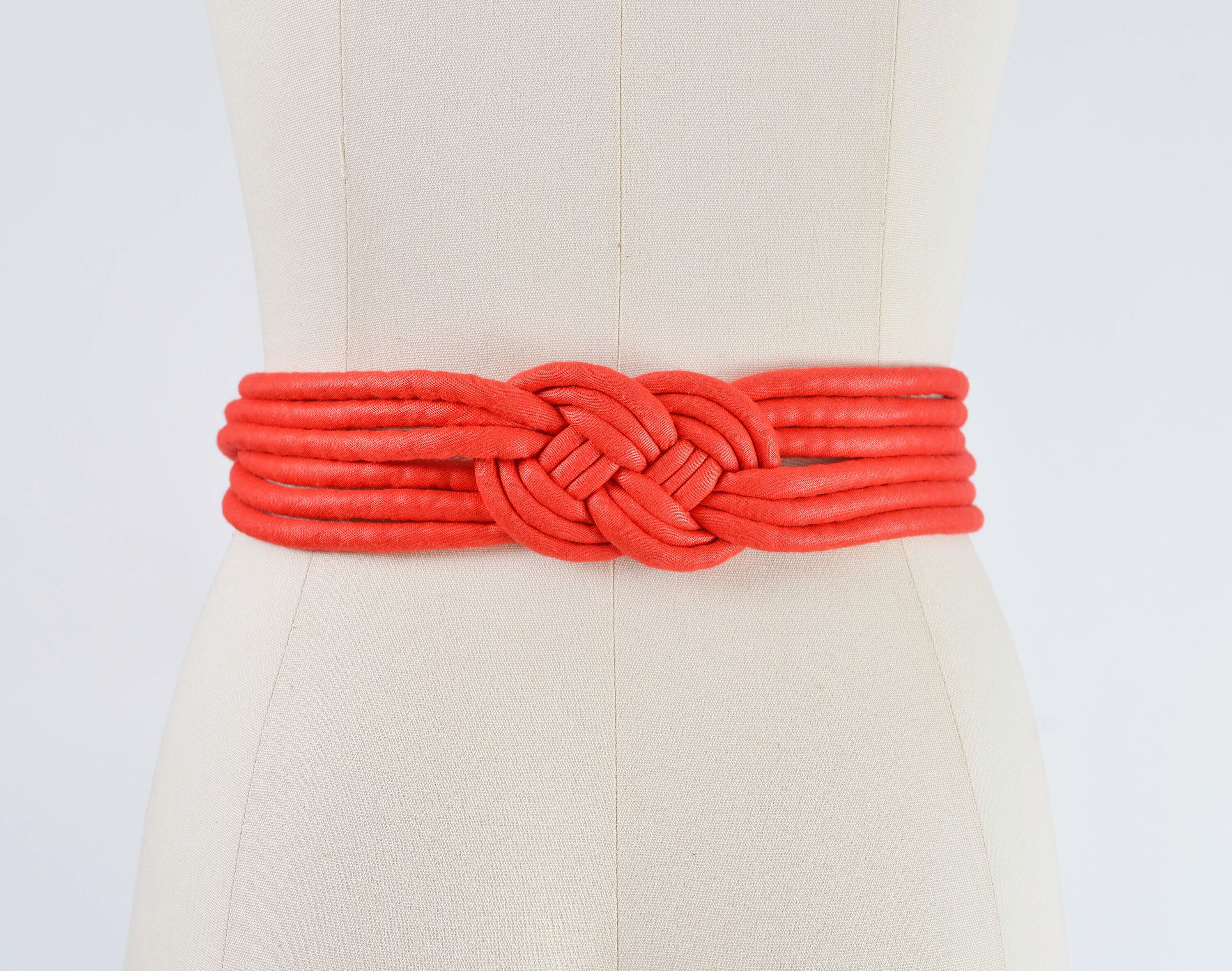 Vintage 80s Red Braided Belt Cotton Fabric Woven Cord Tie