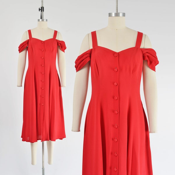 Red Off Shoulder Dress 90s Vintage Sweetheart Neckline Button Down Front Midi Dress with Pockets Small