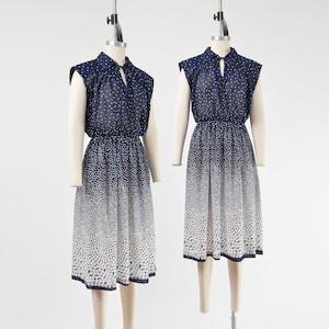 Vintage 70s Polka Dot Midi Dress S M, Navy White Sheer Tie Neck Dress, Peter Pan Collar Dress, Retro Cap Sleeve Dress Small Medium