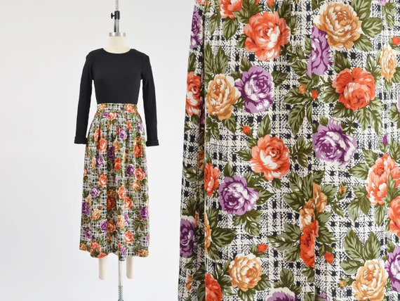 Plaid Floral Skirt size M L | 80s Vintage Black a… - image 1