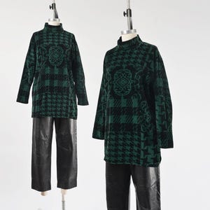 Vintage 90s Velour Plaid and Houndstooth Tunic Top | Green and Black Mock Neck Stretchy Knit Shirt size M