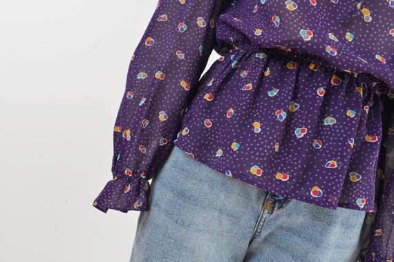 Vintage 80s Purple Sheer Blouse Polka Dot Ruffle … - image 7