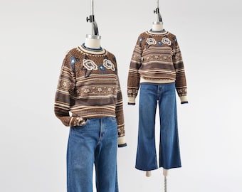 80s Floral Embroidered Striped Sweater size XS S | Vintage Brown & Blue Fair Isle Knit Pullover Retro Raglan Sleeve Boho Sweater