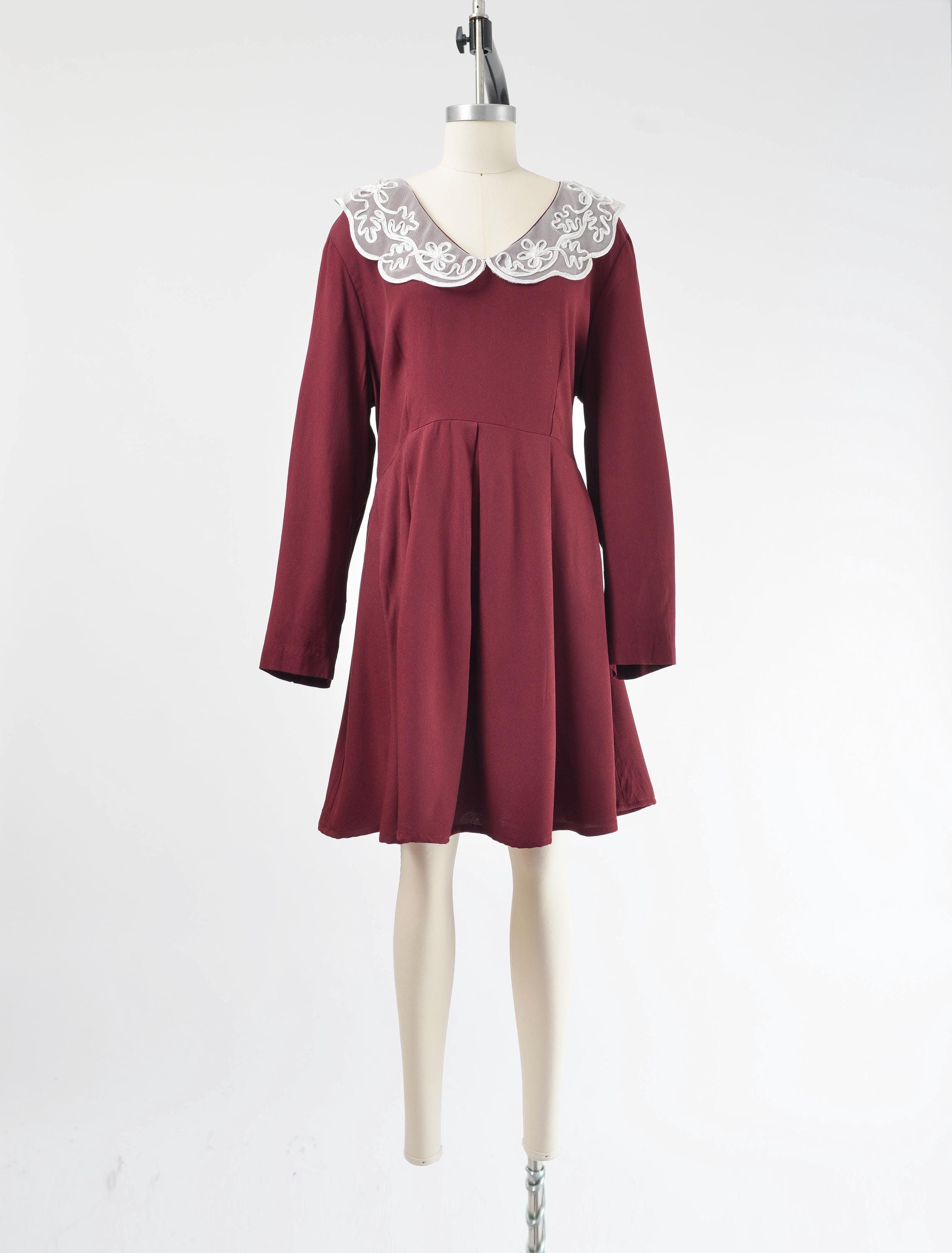 90s Burgundy Babydoll Dress size XL | Vintage White Floral Embroidered Peter Pan Collared Mini Dress Extra Large