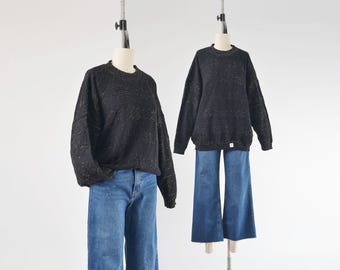 80s Black Lurex Sweater XL | Vintage Metallic Gold Fair Isle Knit Pullover Slouchy Oversized Crewneck Top Extra Large