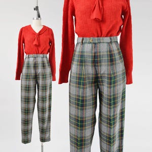 Tartan Plaid Pants size XS S | Vintage 80s High Waisted Pleated Front Tapered Leg Trousers 26 waist