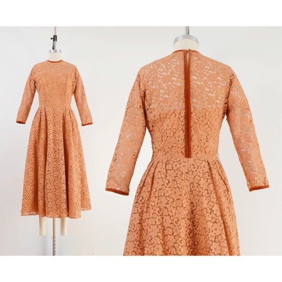 Vintage 50s Golden Brown Sheer Lace Dress Dolman … - image 1