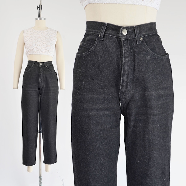 High Waisted Black Jeans 90s Vintage Tapered Leg Slim Fit Mom Jeans Washed Black Denim S 26 waist