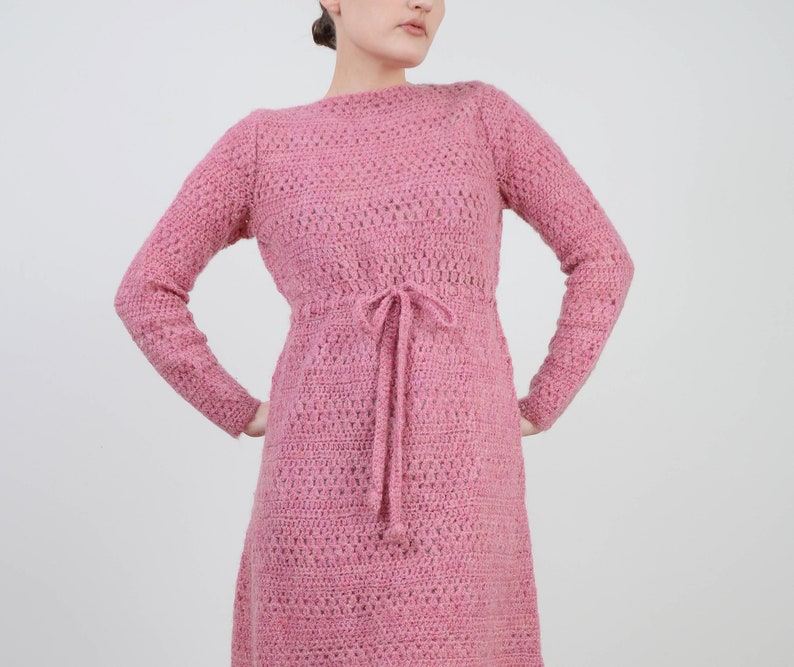 Semi Sheer Hand Knit Mohair Wool Dress Vintage Pink Crochet Dress size S M