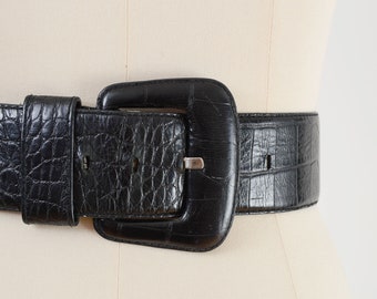 Black Wide Belt | 80s Vintage Embossed Leather Belt High Waisted Statement Belt size S M