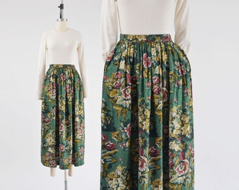 Green Floral Skirt 80s 90s Vintage Full and Flowy Romantic Cottagecore Ankle Length Skirt with Pockets XS S