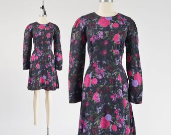 Black Floral Dress 90s Vintage Fit and Flare Empire Waist Puff Sleeve Garden Dress with Purple Flowers size M