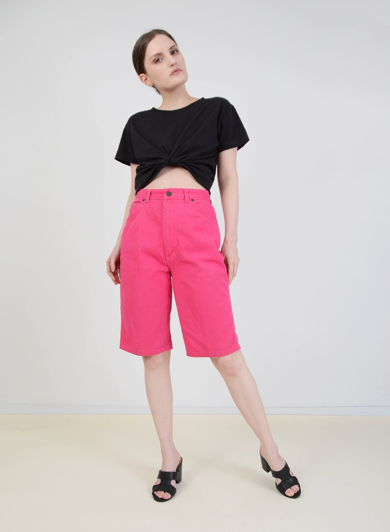 High Waist Knee Length Shorts Vintage 80s Magenta Pink Shorts size M 28 inch waist