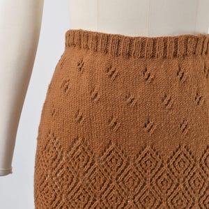 Waistband view. Vintage 70s brown hand knit sweater and skirt set.