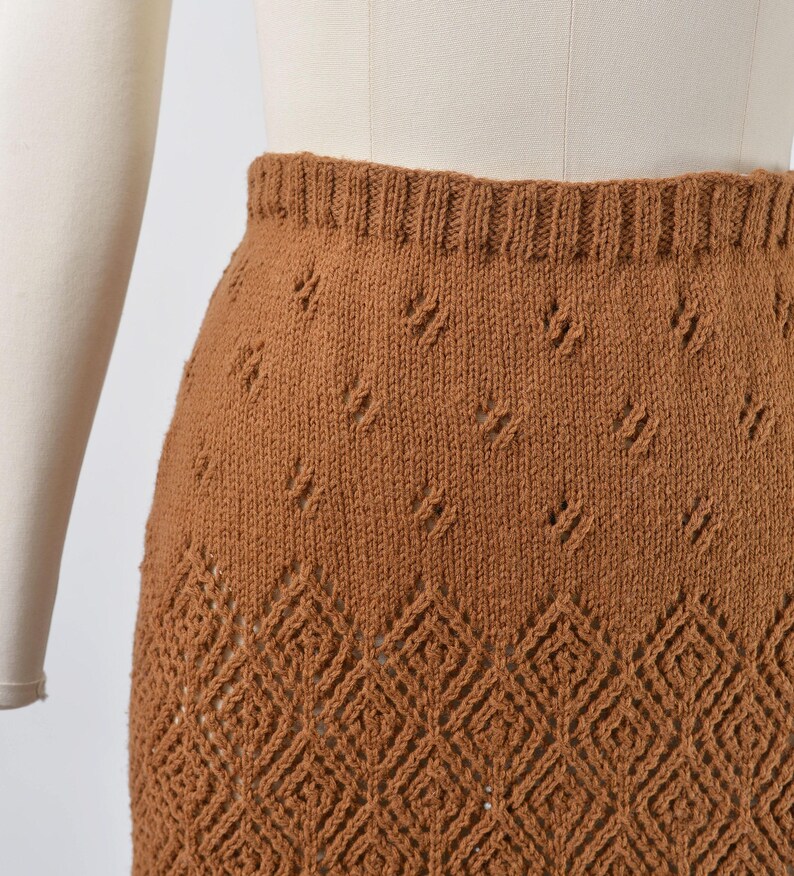 Waistband view. Vintage 70s brown hand knit sweater and skirt set.