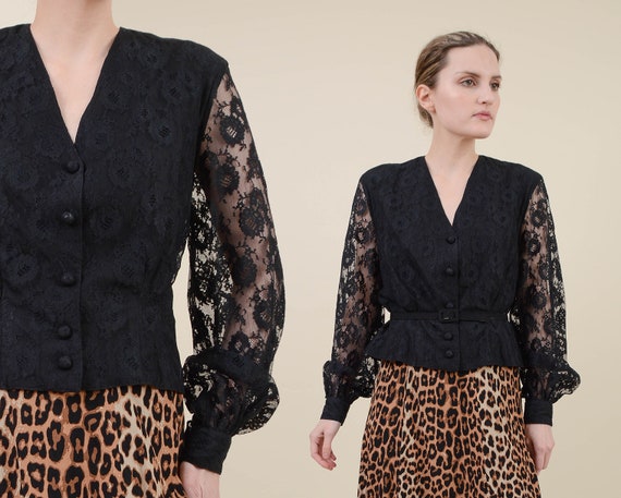 Vintage 80s Black Lace Blouse | Sheer Sleeve Butto