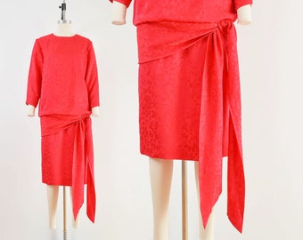 Vintage 80s does 20s Red Silk Satin Dress size XS S | Floral Drop Waist Flapper Style Cocktail Party Midi Dress with Ties